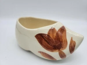 Vintage Ceramic Wooden Shoe Planter White With Brown Flowers 2 X 5 - Picture 1 of 5