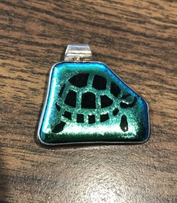 Vintage Blue Dichroic Glass Turtle Pendant 925 Sterling Silver 16.2g Turquoise - Image 1 of 4