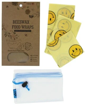 FOODSAVER 3 Pack of Reusable Organic Beeswax Food Wraps (S, M & L) and Reusable Mesh Bag