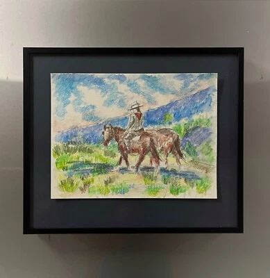 Pintura Acuarela Original Jinete de Caballo Inspirado en Remington Western FRMD Art CoA Foto 1 de 4