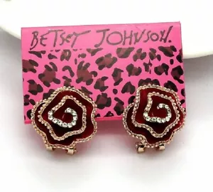 Betsey Johnson White Crystal Red Rose Flower Drop Dangle Earrings Free Gift Bag - Picture 1 of 4