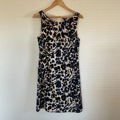 Ann Taylor Silk Animal Leopard Print Sheath Dress 10 Ivory Blue Black Watercolor - Image 1 of 4