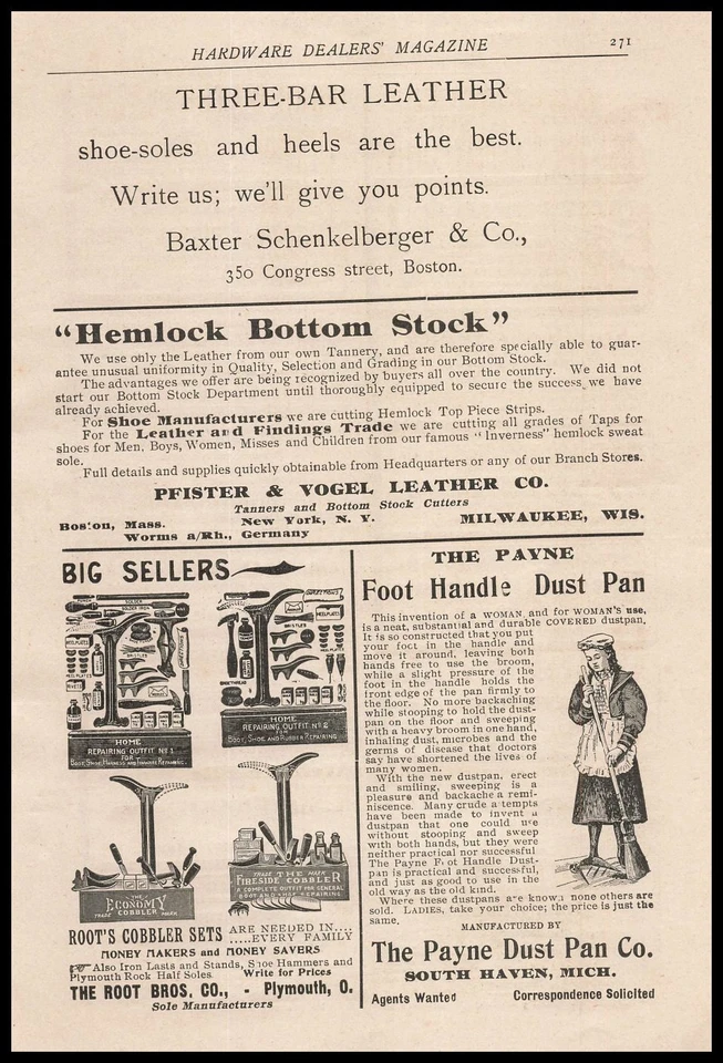 1899 The Payne Dust Pan Co. South Haven Michigan mango de pie sartenes antipolvo anuncio impreso Foto 1 de 1