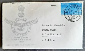 158.INDIA 1958 STAMP SILVER JUBILEE AIR FORCE ADDRESSED AND DATE CANCELLED FDC - Picture 1 of 1