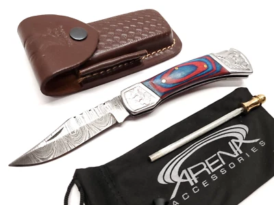 Cuchillo de Bolsillo Damasco Hoja Bloqueo Trasero Rojo Azul Mango de Madera Funda de Cuero Foto 1 de 4