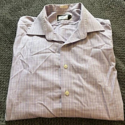 Lorenzo Uomo Trim Fit Dress Shirt Mens Size 17 34/35 Purple White Plaid Stripes - Image 1 of 4