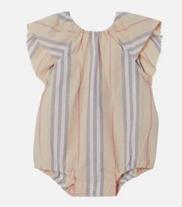 Burberry Baby Girl Ruffle Icon Stripes Bodysuit Romper Pale Stone Sz 12 Mth NWT! - Picture 1 of 12