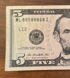 Six of a Kind 8s Fancy Serial Number 5 Dollar Bill ML88588868I Trinary 8s 5 & 6 - Picture 1 of 3