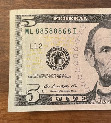 Six of a Kind 8s Fancy Serial Number 5 Dollar Bill ML88588868I Trinary 8s 5 & 6 - Image 1 of 3