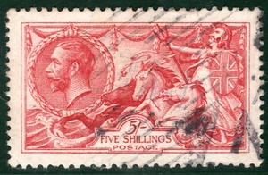 GB KGV SEAHORSE High Value SG.409 5s Bright Carmine DLR Used Cat £400 REDB28 - Picture 1 of 6