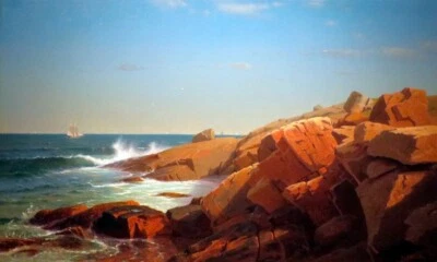 INDIAN ROCK NARRAGANSETT RHODE ISLAND 1863 SEASCAPE BY WILLIAM S HASELTINE REPRO - Image 1 of 3