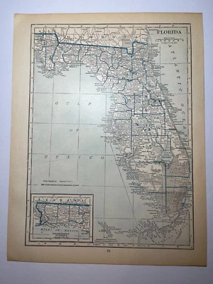 1921  FLORIDA State Map RARE BLUE fm 1921 New Reference Atlas SEE DESCRIPTION - Image 1 of 2