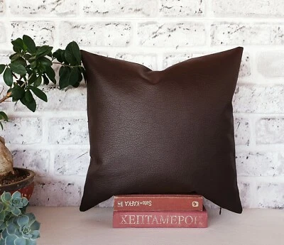 Dark brown color faux leather pillow cover-back side same faux leather -1QTY - Image 1 of 4