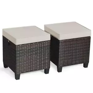 FORCLOVER Ottoman 16"x16"x18" Wicker Outdoor w/Khaki Cushion Portable (2-Pack) - Picture 1 of 3