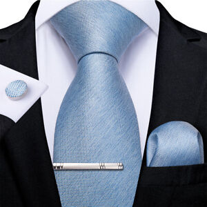DiBanGu Blue Solid Mens Necktie Set Pocket Square Cufflinks Tie Clip Wedding