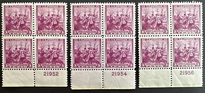 USA 1938 Sc# 836 Lot of 3 Plate Blocks of 4 MNH OG Swedish Finnish Tercentenary - Image 1 of 2