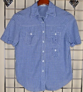 Vintage Plaid Shirt Top Rose Size S/M 70s Blue White Gingham 3 Pocket Country - Picture 1 of 9