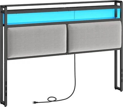 Cabecero de almacenamiento tapizado tamaño queen con luces LED ajustables negro Foto 1 de 4