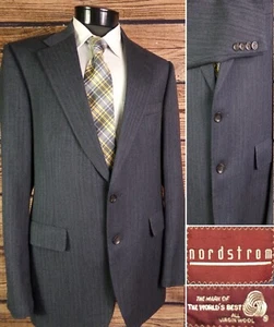 Nordstrom Mens Blazer Two Button Gray Wool 42L Herringbone Sport Coat Jacket VTG - Picture 1 of 10