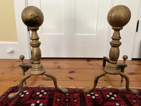 Antique Andirons Brass Cannon Ball Queen Anne Leg Fireplace Log Holder Set Cover