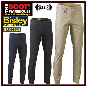 Bisley BPC6028 Mens Workwear Stretch Cotton Drill Cargo Elastic Cuffed Pants - Picture 1 of 22