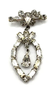 VTG Rhinestone Brooch Dangle Teardrops Silver Tone Sparkles J1-3022 - Picture 1 of 10