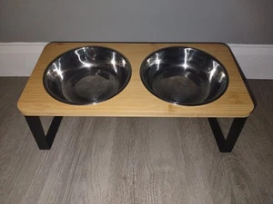 Elevated Slanted Wood/Metal Pet Feeder w/ 2 Stainless Bowls Cat/Dog - Picture 1 of 2