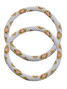 Set of 2 Handmade Glass Seed Bead Beaded White-Pink  Stackable Crochet Bracelets - Picture 1 of 6