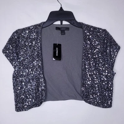 Express Sequin Sweater Large Gray Shrug Mini Cropped NWT - Image 1 of 4