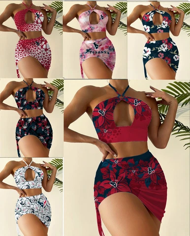 Houston Texans 2 Piece Halter Neck Bikini Set Slim Cutout Swimsuit Sexy Bodycon Cover