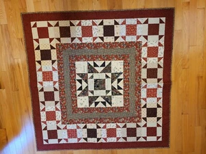Quilted Wall Hanging Autumn colors Black Red Rust Tan Star Pattern 46 in sq. - Picture 1 of 3