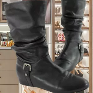 Stuart Weitzman Women's Black Leather Mid Calf Hidden Wedge Boots Size 7M - Picture 1 of 5