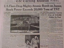 VINTAGE NEWSPAPER HEADLINE ~WORLD WAR 2 ATOMIC BOMB DROPPED ON JAPAN WWII 1945