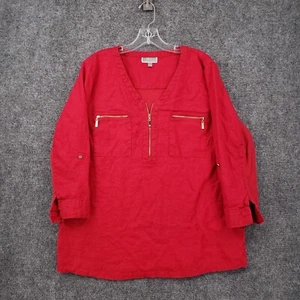 JM Collection Top Womens Large Red 1/4 Zip Pocket V Neck 3/4 Sleeve Linen Blend - Picture 1 of 11