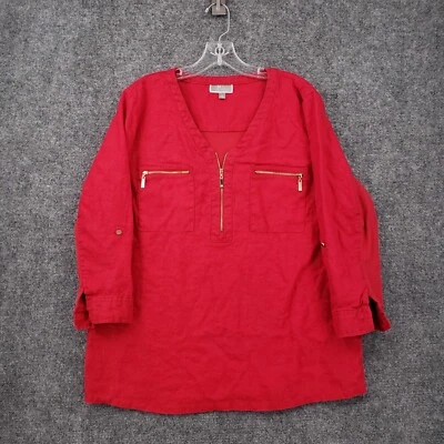 JM Collection Top Womens Large Red 1/4 Zip Pocket V Neck 3/4 Sleeve Linen Blend - Image 1 of 4