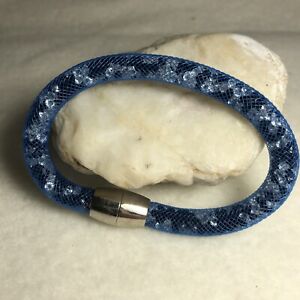 Blue Mesh Bracelet Crystal Filled Magnetic Clasp 7" Nylon Shiny 