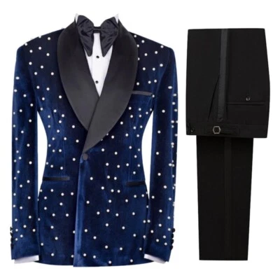 Chaqueta de terciopelo perlas pantalón negro para novio boda trajes de un solo pecho calce ajustado Foto 1 de 4