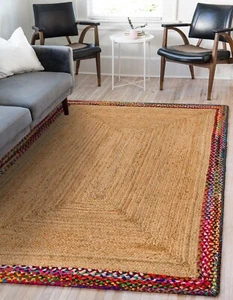 Handmade Braided Natural Jute with Multi Cotton Border Home Decor Area Rugs - Picture 1 of 6