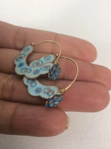 Schöne Vintage chinesische Silber blaue Emaille Blume Draht Ohrringe - Bild 1 von 4