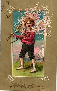 Kind mit blühenden Zweigen, Prägekarte, Glückwunsch AK, 1907 - Picture 1 of 2
