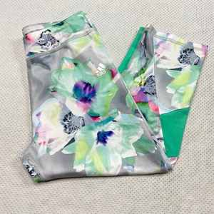 Adidas Girls Active Pants sz L Green Silver Floral Sim Compression Stretch Crop - Picture 1 of 12