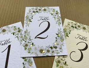 Forest greenery, white flowers wreath TABLE NUMBERS cards wedding green foliage - Picture 1 of 9
