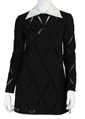 VALENTINO $6,700 Mini Vestido Negro Mezcla Lana Crepé Malla Borde Paneles 40 NUEVO Foto 1 de 4