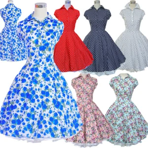 50s 60s 70s Style Vintage Retro TEA Dress Rockabilly Party Dresses Print Floral - Picture 1 of 25