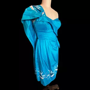 1950s Alfred Shaheen Tiki Dress Blue Hibiscus Sarong Wiggle Hawaiian XS Pinup S - Picture 1 of 23
