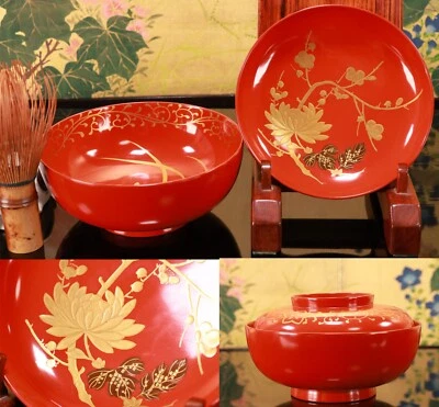 Japanese Wajima Lacquer Lidded Soup Bowl 3.11inch Gold Four Gentlemen Maki-e - Image 1 of 4