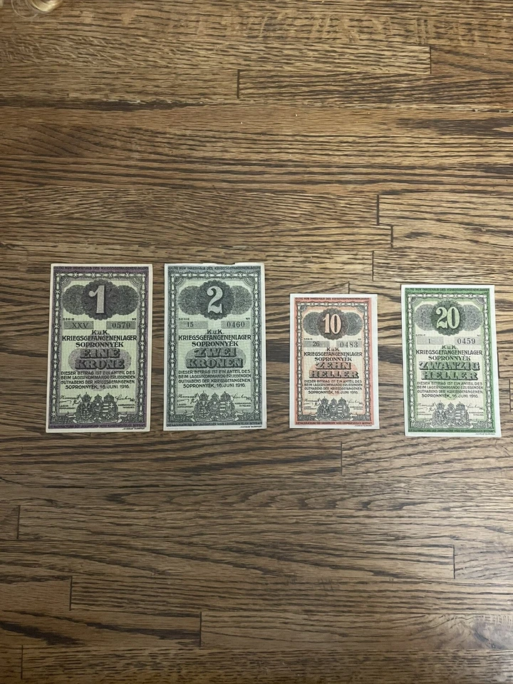 奥地利 匈牙利 帝国 第一次世界大战战俘营 Sopronnyek 批量 4 件 (1、2、10 和 20) 1916 年 UNC — 第 1/4 张图片