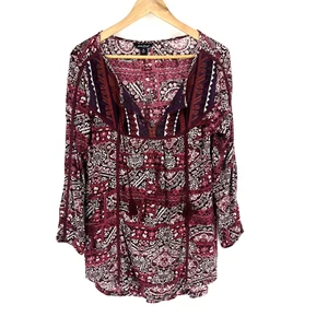 Lucky Brand Shirt Size Mediums Women Red Print Top Floral Blouse Boho V Neck - Picture 1 of 9