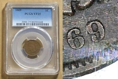 Indian head cent/penny 1869, 9 over 9 repunched date PCGS vf-25 - Image 1 of 4