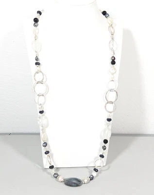 Silver Tone White Gray Pearl Black Glass Bead Round Chain Link Necklace Coastal - Image 1 of 4